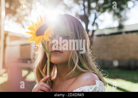 Junge Frau bedeckt Gesicht mit Sonnenblume im Hinterhof Stockfoto