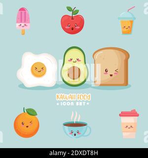 Bündel von neun Kiut Food Kawaii Zeichen und Schriftzug Stock Vektor