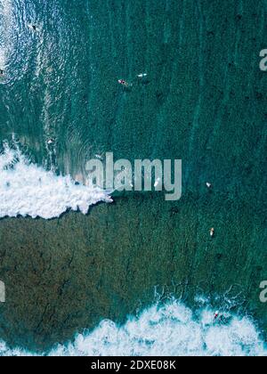 Surfer auf Meereswellen, Luftaufnahme Stockfoto