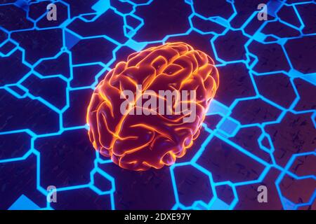 3D gerenderte Darstellung des Gehirns auf der Leiterplatte, die Maschine symbolisiert Lernalgorithmen Stockfoto