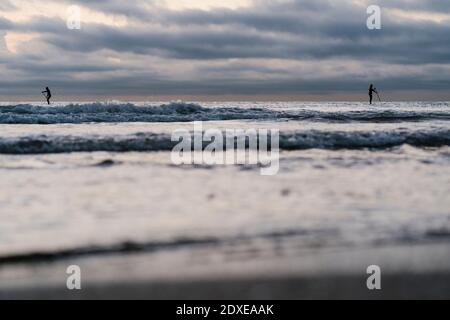 Silhouette Freunde paddeln auf dem Meer während der Morgendämmerung Stockfoto