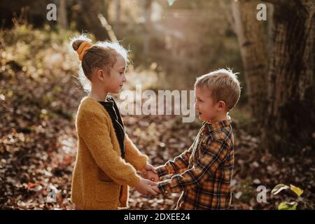 Junge und Mädchen schauen einander an, während sie die Hände halten Im Wald stehen Stockfoto