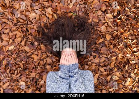 Frau bedeckt Gesicht mit Händen, während sie sich im Herbst hinlegt Blätter im Cannock Chase Wald Stockfoto