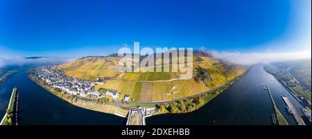 Luftaufnahme, Deutschland, Rheinland-Pfalz, Zeltingen - Rachtig, Mosel, Hochmoselbrücke über Fluss Mosel, Weinberge im Herbst, Stockfoto