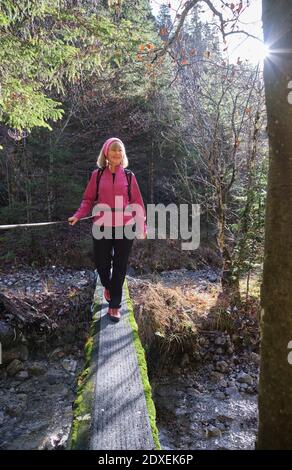 Ältere Frau, die allein im Wald wandert Stockfoto