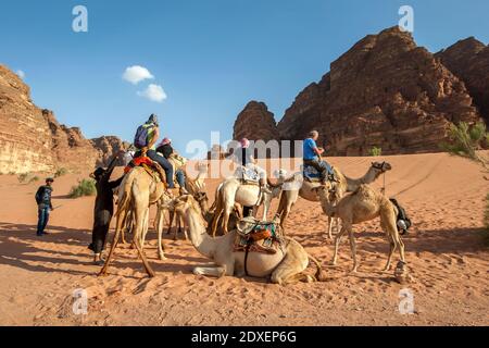 Ausländische Touristen, die auf ihren Kamelen stehen, bereiten sich darauf vor, am späten Nachmittag in die Sandhügel des Wadi Rum in Jordanien zu reiten. Stockfoto