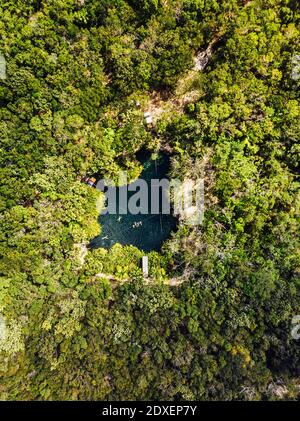 Luftaufnahme von Cenote umgeben von grünen üppigen Dschungel Stockfoto