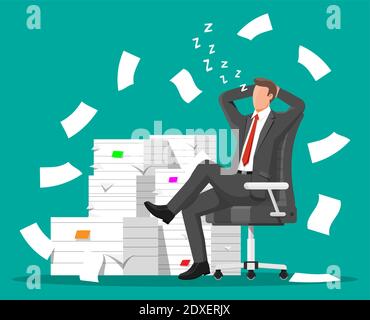 Geschäftsmann Charakter schlafen in Haufen von Papieren. Müde Geschäftsmann oder Büroangestellte schlafen am Arbeitsplatz. Stress bei der Arbeit. Bürokratie, Papierkram, Frist. Vektorgrafik im flachen Stil Stock Vektor