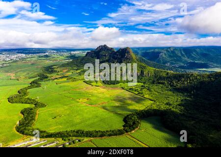 Luftaufnahme, Afrika, Mauritius, Blick auf den Berg Mont du Rempart, Corps de Grande, Stockfoto