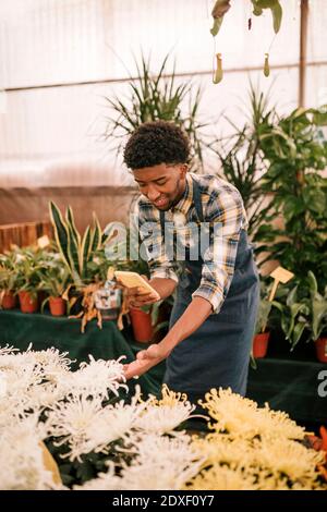 Junge afrikanische männliche Floristin fotografiert weiße Blumen in Pflanzenkindergarten Stockfoto