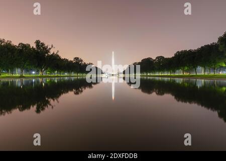 USA, Washington DC, Washington Monument Reflecting in Lincoln Memorial Reflecting Pool at Night Stockfoto