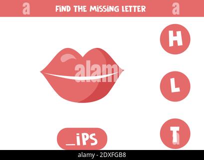 Finde fehlende Buchstaben mit niedlichen Cartoon Lippen. Rechtschreibung Spiel für Kinder. Stock Vektor