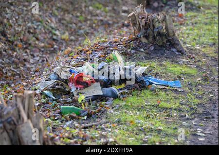 Hamburg, Deutschland. Dezember 2020. Ein Müllhaufen liegt am Grasrand am Rande eines Naturschutzgebietes. Quelle: Jonas Walzberg/dpa/Alamy Live News Stockfoto