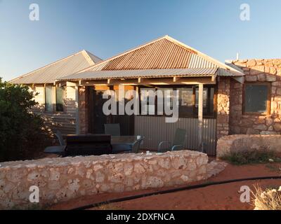 Low-key nachhaltige Öko-Hütten in Gnaraloo Station, 150km nördlich von Carnarvon an der Gascoyne Coast, Indischer Ozean, Westaustralien. Stockfoto