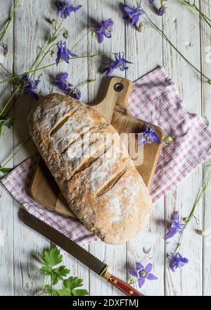 Frisch gebackene Brotbar bilden eine Komposition in zenitaler Ansicht mit mehreren Elementen. Stockfoto