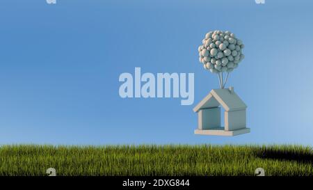 Ein kleines Spielzeughaus aus Matratzen, die auf Luftballons auf blauem Hintergrund über grünem Gras fliegen. 3d-Rendering Stockfoto