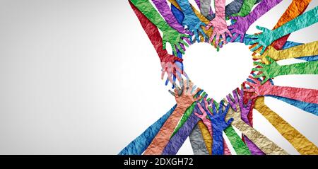 Vereinte Vielfalt und Einheit Partnerschaft als Herzenshände in einer Gruppe von verschiedenen Menschen miteinander verbunden geformt als Unterstützung Symbol zum Ausdruck gebracht. Stockfoto