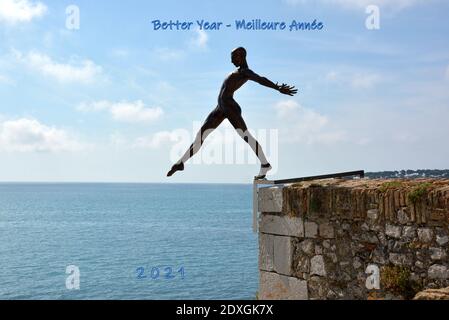 Frankreich, französische riviera, Antibes, die Skulptur Nicolas La Varenne auf den Wällen symbolisiert die Unsicherheit des kommenden Jahres. Stockfoto