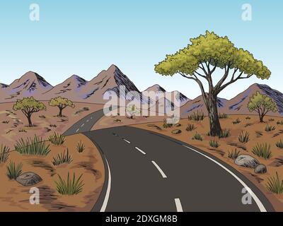 Savannah Straße Grafik Farbe Landschaft Skizze Illustration Vektor Stock Vektor