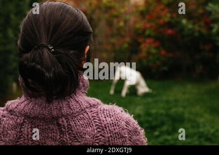 Frau in einem lila Pullover beobachtet ihren Hund in einem kleinen Garten. Stockfoto