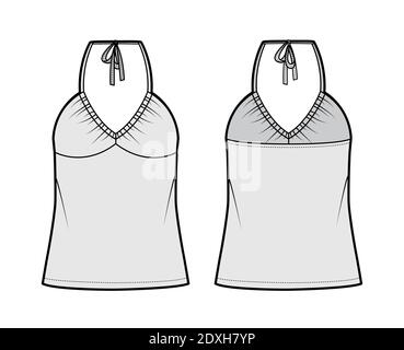 Top V-Ausschnitt Halfter Tank technische Mode-Illustration mit Empire-Naht, dünnen Tunika, überdimensioniert, Schleife, Tunika Länge. Flach nach außen Schablone vorne, hinten, grau. Frauen Männer Unisex CAD mockup Stock Vektor