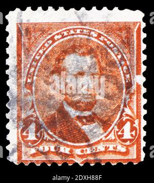 MOSKAU, RUSSLAND - 30. MÄRZ 2019: Eine in den USA gedruckte Briefmarke zeigt Abraham Lincoln (1809-1865), 16. Präsident der USA, 1897-1903 Regulärer I. Stockfoto