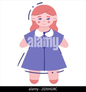 Cute Ragdoll im Kleid - isoliert Vektor-Illustration. Toddler Spielzeugpuppe - Einzelcliparts, Objekt auf weißem Hintergrund. Flieder- und Korallenpalette Stock Vektor