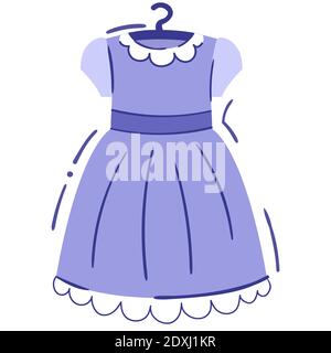 Baby Mädchen Kleid auf Kleiderbügel - isolierte Vektor-Illustration. Niedliches Fliederkleid mit weißem Kragen und Spitze. Lässig und Party Baby Kleidung, einzelne Cliparts Stock Vektor