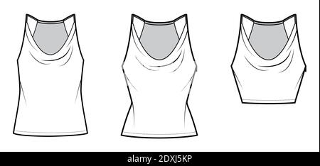 Set von Tanks Low-Cowl Crop Camisoles technische Mode Illustration mit dünnen verstellbaren Trägern, schlank, übergroße Passform, Taille, Crop-Länge. Flach nach außen oben Schablone vorne. Frauen Männer CAD Mockup Stock Vektor