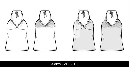 Top V-Ausschnitt Halfter Tank technische Mode-Illustration mit Empire-Naht, dünnen Tunika, überdimensioniert, Schleife, Tunika Länge. Flache Außenschablone vorne, hinten, weiß, grau. Frauen Männer Unisex CAD mockup Stock Vektor