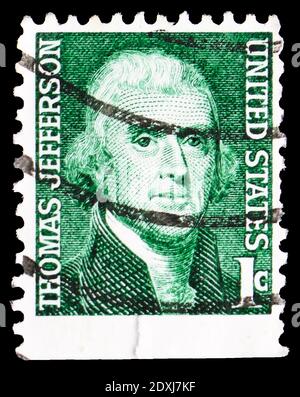 MOSKAU, RUSSLAND - 23. MÄRZ 2019: Briefmarke in den Vereinigten Staaten zeigt Thomas Jefferson (1743-1826), 3. Präsident, berühmte Amerikaner Serie, CIR Stockfoto