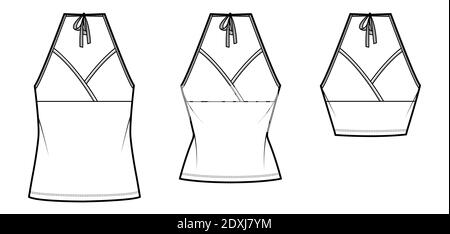 Set von Camisoles Halfter Hals Surplice Tank technische Mode-Illustration mit Empire-Naht, Schleife, schlank, übergroße Passform, Crop, Tunika Länge. Flat top Schablone vorne weiß Farbe. Frauen Männer CAD Mockup Stock Vektor