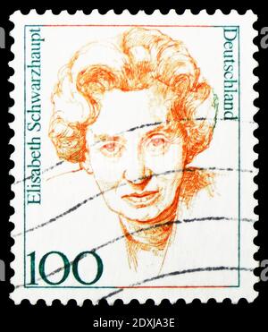 MOSKAU, RUSSLAND - 23. MÄRZ 2019: Briefmarke gedruckt in Deutschland, Bundesrepublik zeigt Elizabeth Schwarzhaupt (1901-1986), Politikerin, Frauen in Deutschland Stockfoto