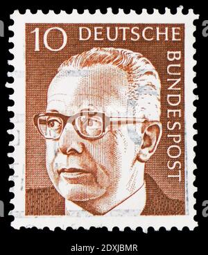 MOSKAU, RUSSLAND - 23. MÄRZ 2019: Briefmarke gedruckt in Deutschland, Bundesrepublik zeigt Dr. h.c. Gustav Heinemann (1899-1976), 3. Bundespräsident Stockfoto