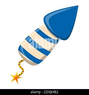 Rocket Feuerwerk Cartoon-Symbol. Blau gestreiftes Petard-Symbol für Neujahr oder Unabhängigkeitstag Design. Vektorgrafik isoliert auf weißem Hintergrund. Stock Vektor