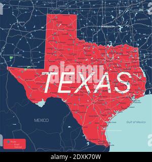 Texas State detaillierte editierbare Karte mit Städten und Städten, geografischen Standorten, Straßen, Eisenbahnen, Autobahnen und US-Autobahnen. Vector EPS-10-Datei, Trendin Stock Vektor