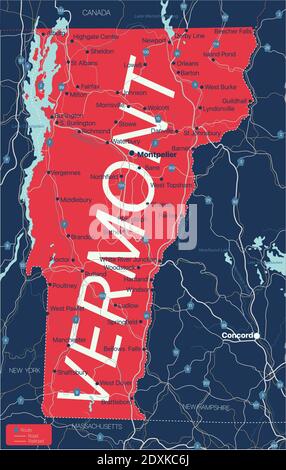 Vermont State Detaillierte bearbeitbare Karte mit Städten und Städten, geografischen Standorten, Straßen, Eisenbahnen, Autobahnen und US-Autobahnen. Vector EPS-10-Datei, Trend Stock Vektor