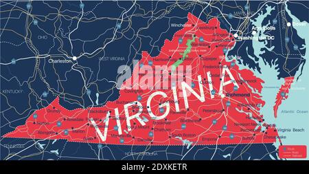 Virginia State detaillierte bearbeitbare Karte mit Städten und Städten, geografischen Standorten, Straßen, Eisenbahnen, Autobahnen und US-Autobahnen. Vector EPS-10-Datei, tren Stock Vektor