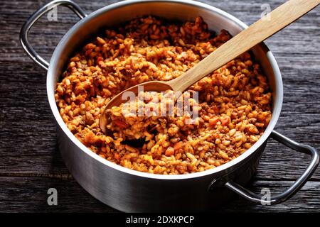Hackfleisch-Risotto Bolognese in einem Stevpot aus Metall mit einem Löffel auf einem dunklen Holztisch, italienische Küche, horizontale Ansicht von oben, Nahaufnahme Stockfoto