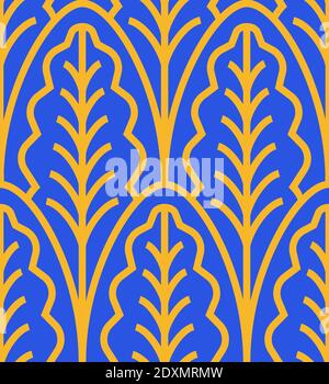 Blumenmuster aus China mit goldenen Blättern auf Kobalthintergrund. Chinesisches modernes Ornament. Minimalistisches orientalisches Muster in kräftiger Blaugoldpalette. Für Stock Vektor