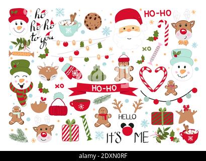 Set von Weihnachtselementen. Schneeflocken, Weihnachtsmann, Hirsch, Geschenke, Kalligraphie, Schriftzug, Tiere, Kakao und andere Elemente. Geeignet für Postkarten Stock Vektor