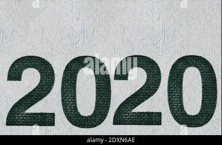 Die Inschrift 2020 aus Zahlen von 20 Dollar Banknote Stockfoto