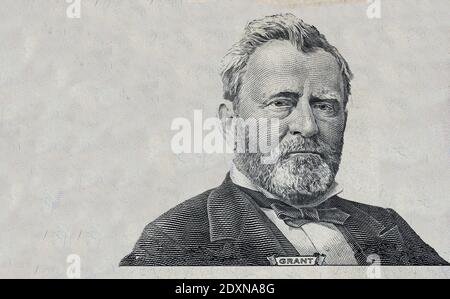 Ulysses S. Grant Schnitt auf neue 50-Dollar-Banknote isoliert auf weißem Hintergrund Stockfoto