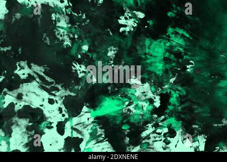 Ziemlich Shabby teal, Sea-Green zufällig bemalte Leinwand, Stoff mit Farbflecken und Blots Textur für den Einsatz als Hintergrund. Stockfoto