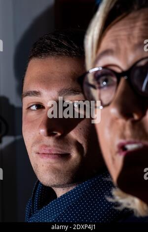 FRA - POLITIQUE - CONFÉRENCE DE PRESSE DE MARINE LE PEN ET JORDAN BARDELLA A Chantepie dans le Sud de Rennes, conférence de Presse suivi d'un apéritif Stockfoto