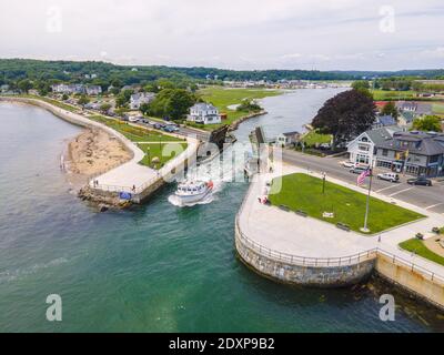 Annisquam River Flussmündung Luftaufnahme am Gloucester Hafen in Gloucester, Cape Ann, Massachusetts MA, USA. Der Fluss ist mit Gloucester Harbour b verbunden Stockfoto