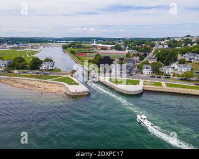 Annisquam River Flussmündung Luftaufnahme am Gloucester Hafen in Gloucester, Cape Ann, Massachusetts MA, USA. Der Fluss ist mit Gloucester Harbour b verbunden Stockfoto