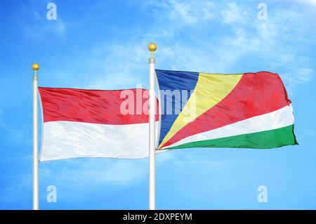Indonesien und Seychellen zwei Flaggen auf Fahnenmasten und blau bewölkt Himmel Stockfoto