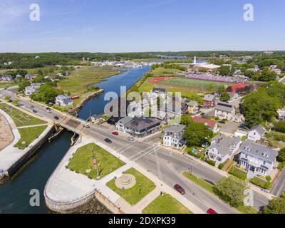 Annisquam River Flussmündung Luftaufnahme am Gloucester Hafen in Gloucester, Cape Ann, Massachusetts MA, USA. Der Fluss ist mit Gloucester Harbour b verbunden Stockfoto