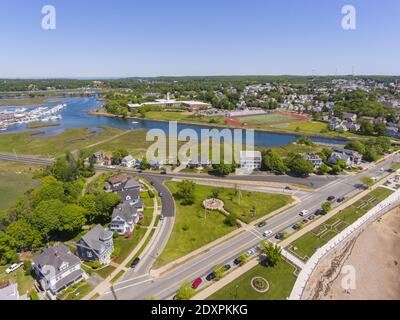 Annisquam River Flussmündung Luftaufnahme am Gloucester Hafen in Gloucester, Cape Ann, Massachusetts MA, USA. Der Fluss ist mit Gloucester Harbour b verbunden Stockfoto